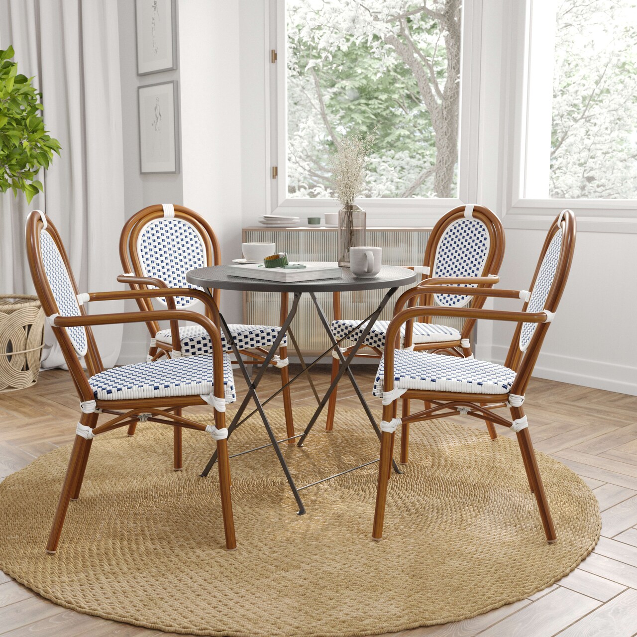Merrick Lane Celia Set of Four Stacking Thonet Bistro Style Chair with Arms, PE Rattan Seat, and Metal Frame for Indoor/Outdoor Use